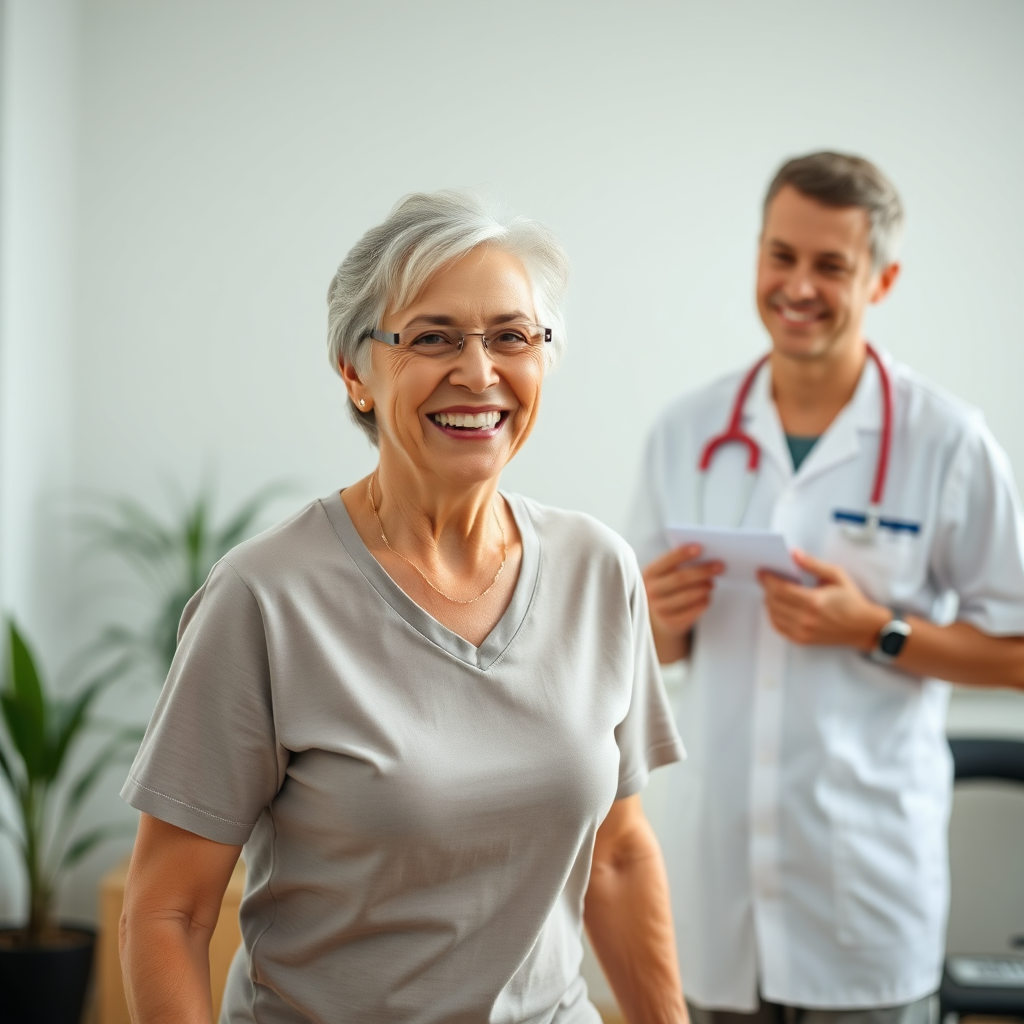 A patient smiling and confidently walking with improved posture after rehabilitation, supervised by a physiotherapist. Focus on the patient's improved well-being and positive results. Lighting should be optimistic and bright. Color palette: Uplifting, with vibrant accents. Camera angle: Medium shot, emphasizing the patient's progress. Style: Inspirational medical imagery. Technical Specs: 4K, High-quality.