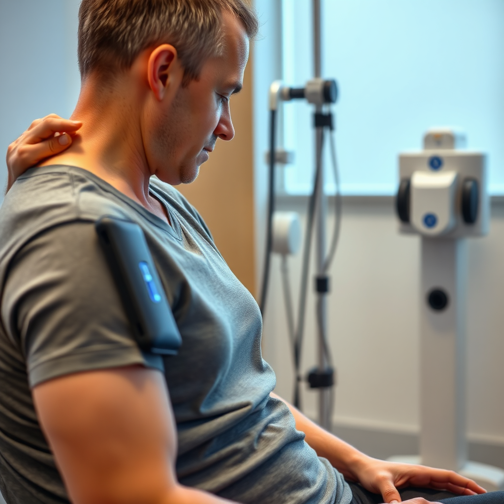 A patient undergoing a physiotherapy session with state-of-the-art equipment, such as an electrical muscle stimulation device or a robotic gait trainer. The focus should be on the technology and its benefit to the patient. Lighting should highlight the equipment. Color palette: Modern, with blues and silvers. Camera angle: Medium, showing the equipment in use. Style: Modern, technologically advanced. Technical Specs: 4K, High-quality.