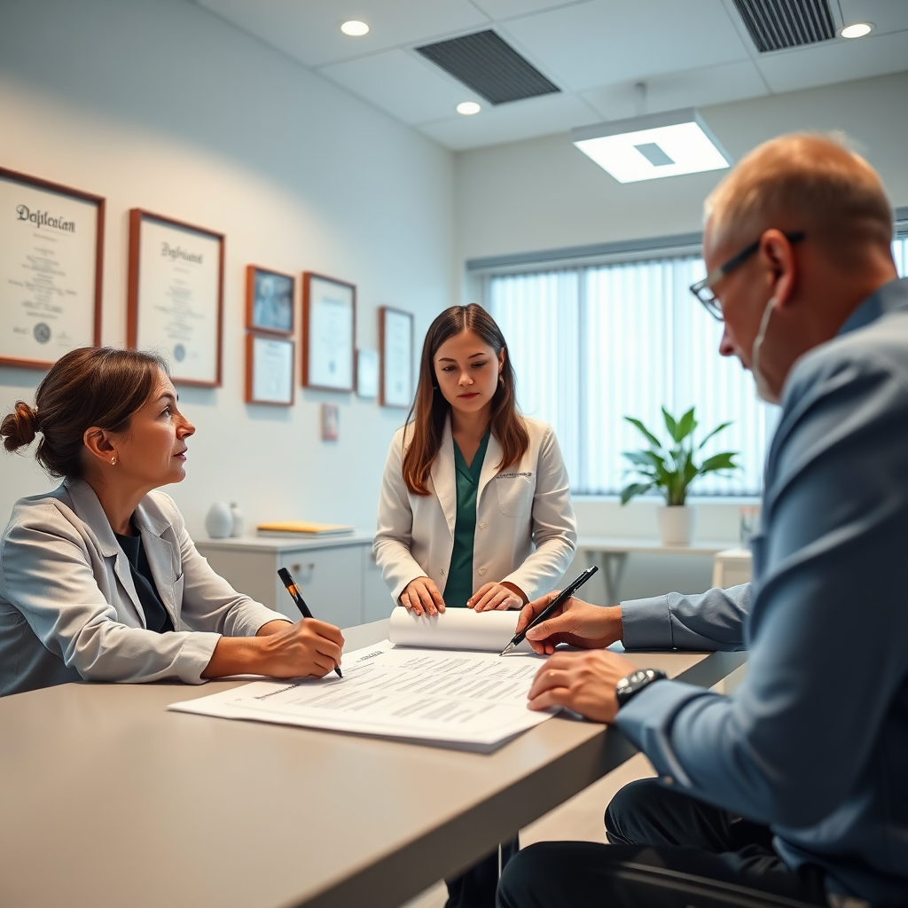 A photorealistic image showing a rehabilitation plan being laid out. The setting is a bright, modern office with diplomas and certifications subtly displayed. Focus on conveying trust, expertise, and patient-centered care. The color palette should be professional and reassuring, with clean lines and a sense of order. The camera angle is medium, capturing the professional review and care. Texture details should be realistic, showcasing the professionalism of the environment. Style reference: Clean, modern corporate portraiture. Technical specs: 4K resolution, high quality.