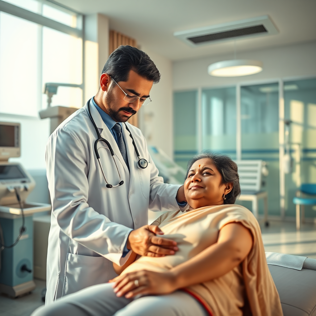 A photorealistic, ultra-high quality hero image depicting a modern physiotherapy clinic. The foreground features a physiotherapist, Dr. S.B. Santosh or Dr. S. Madhavi Latha, gently assisting a patient with a rehabilitation exercise. The background subtly showcases state-of-the-art equipment and a clean, welcoming environment. Focus on warm, natural lighting to convey comfort and healing. The color palette should be calming, with soft blues, greens, and neutral tones. The camera angle is a slightly low angle, emphasizing the expertise and care. Textures should be realistic, showcasing the quality of the equipment and the human touch. Include a subtle visual representation of the Visakhapatnam coastline in the background to subtly indicate the location. Style reference: Modern medical photography. Technical specs: 8K resolution, hyperrealistic rendering.
