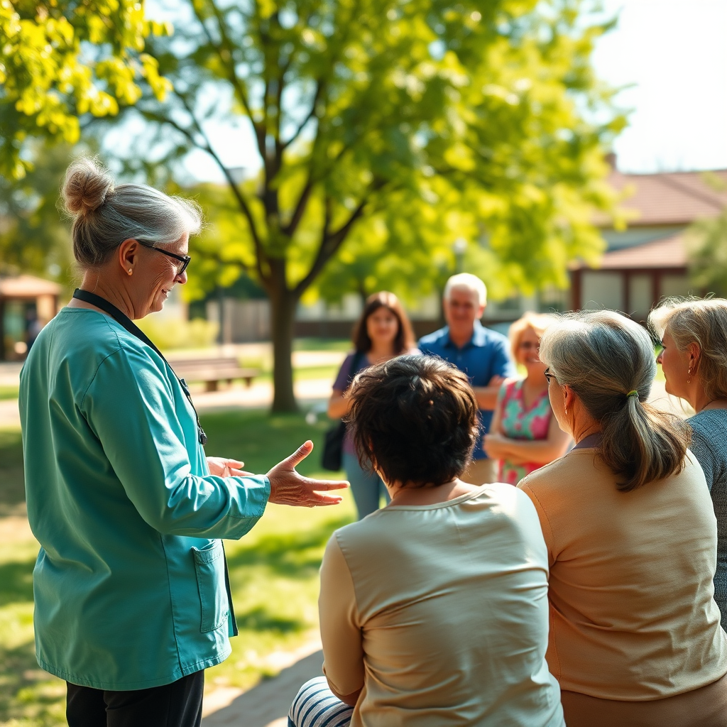 A physiotherapist coordinating a group therapy session outdoors in a community park. The setting is a sunny, welcoming public space. Focus should be on the supportive atmosphere and the involvement of community members. Lighting should be bright and cheerful. Color palette: Greens, yellows, and blues. Camera angle: Wide shot, showing the group interaction. Style reference: Community healthcare, public wellness. Technical specs: 4K, High quality.