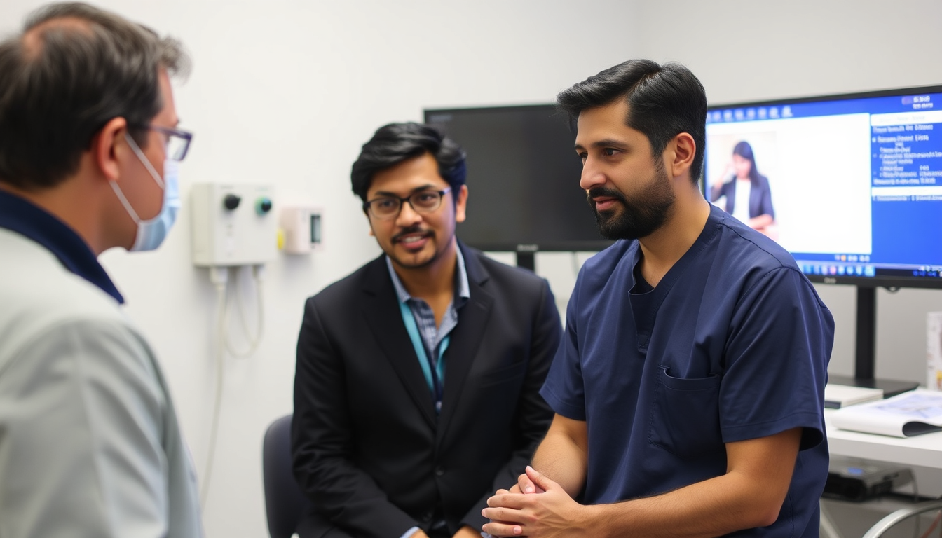 A patient using assistive technology, such as a robotic arm, during a neuro rehabilitation session, guided by a physiotherapist. Focus on the advanced technology and its impact. Lighting should be modern and highlighting. Color palette: Technological, with silvers and blues. Camera angle: Medium shot, demonstrating the equipment. Style: Advanced, hopeful. Technical Specs: 4K, High-quality.